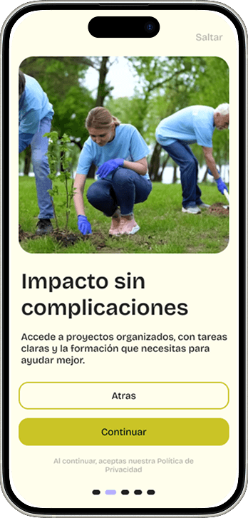 Voluntee — Onboarding · Impacto sin complicaciones